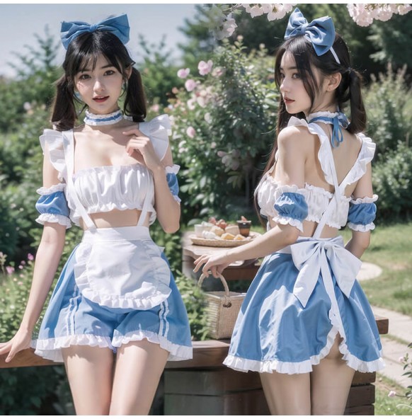 FEE ET MOI - Ruched Sweetheart Maid Outfit With Stockings (Blue - White)